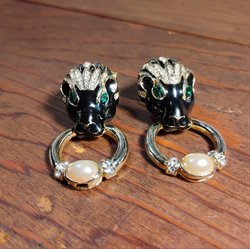 Vintage door-knock panther enamel and rhinestone clip on earrings